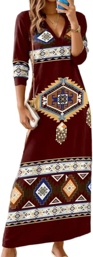 Akivide Women's Bohemian Ethnic Style Digital Printing Dress V Neck Long Sleeve Oversized Fall Maxi Dresses for Women