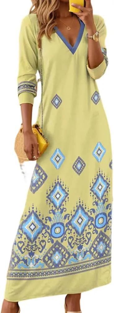 Akivide Women's Bohemian Ethnic Style Digital Printing Dress V Neck Long Sleeve Oversized Fall Maxi Dresses for Women