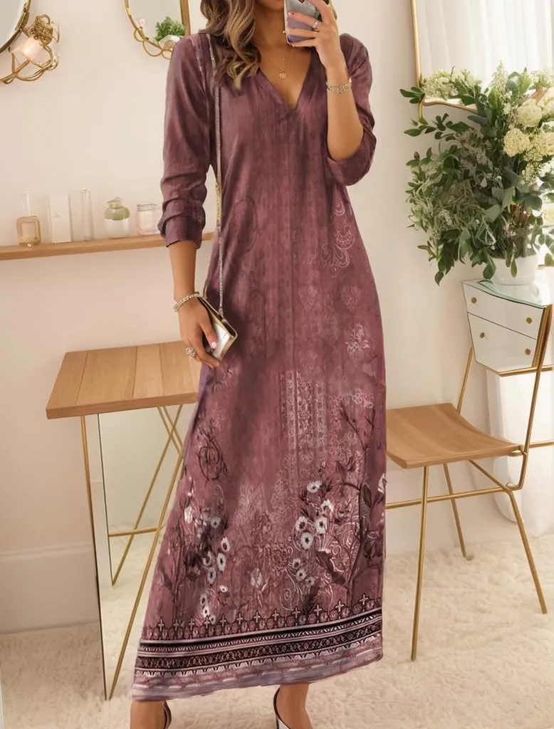 Akivide Women's Bohemian Ethnic Style Digital Printing Dress V Neck Long Sleeve Oversized Fall Maxi Dresses for Women