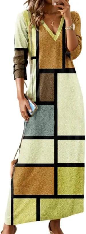 Akivide Women's Bohemian Ethnic Style Digital Printing Dress V Neck Long Sleeve Oversized Fall Maxi Dresses for Women