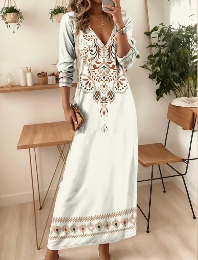 Akivide Women's Bohemian Ethnic Style Digital Printing Dress V Neck Long Sleeve Oversized Fall Maxi Dresses for Women