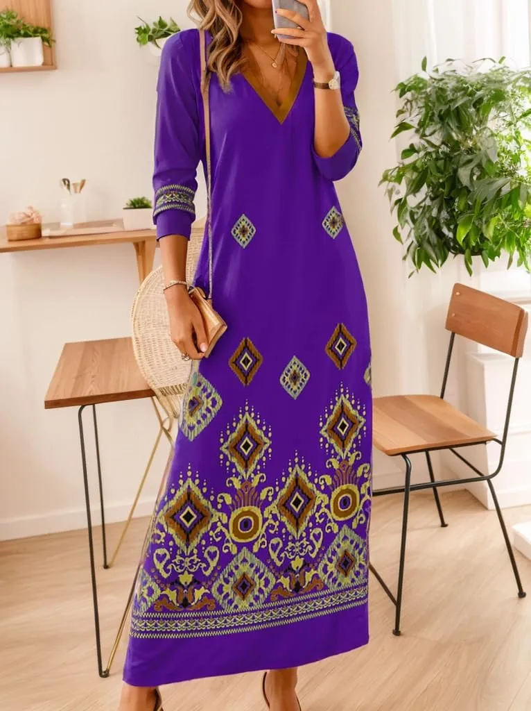 Akivide Women's Bohemian Ethnic Style Digital Printing Dress V Neck Long Sleeve Oversized Fall Maxi Dresses for Women