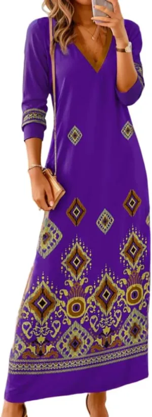 Akivide Women's Bohemian Ethnic Style Digital Printing Dress V Neck Long Sleeve Oversized Fall Maxi Dresses for Women