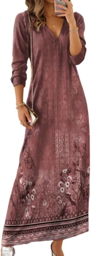 Akivide Women's Bohemian Ethnic Style Digital Printing Dress V Neck Long Sleeve Oversized Fall Maxi Dresses for Women