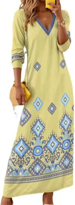 Akivide Women's Bohemian Ethnic Style Digital Printing Dress V Neck Long Sleeve Oversized Fall Maxi Dresses for Women