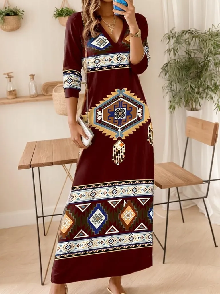 Akivide Women's Bohemian Ethnic Style Digital Printing Dress V Neck Long Sleeve Oversized Fall Maxi Dresses for Women