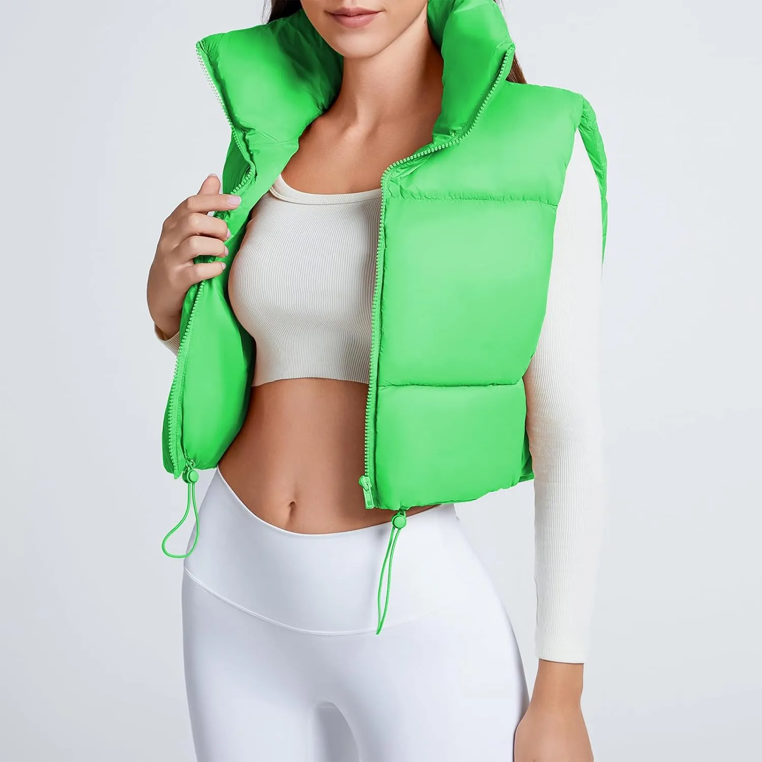 American Trends Womens Cropped Puffer Vests Sleeveless Puffy Vests Zip Up Stand Collar Puffer Vest Outfits