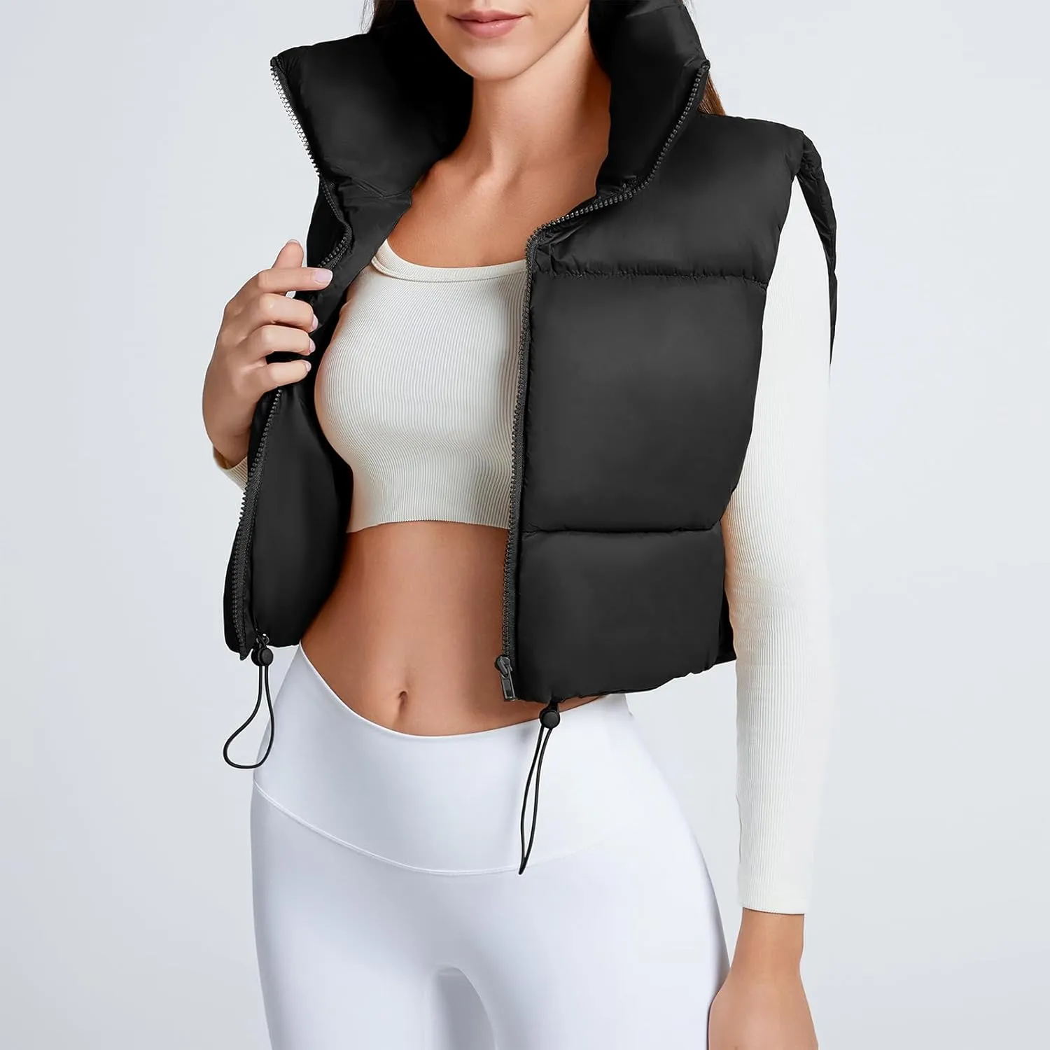 American Trends Womens Cropped Puffer Vests Sleeveless Puffy Vests Zip Up Stand Collar Puffer Vest Outfits