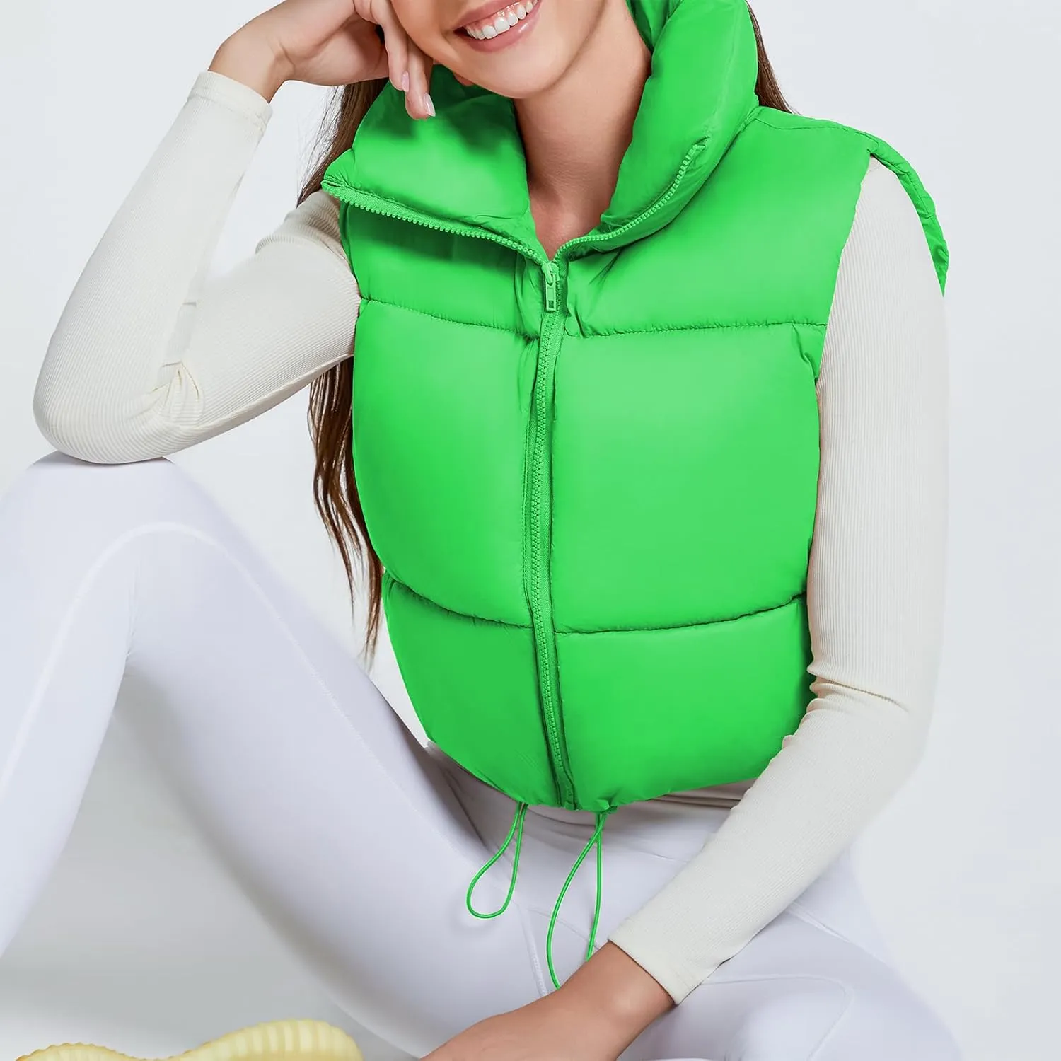 American Trends Womens Cropped Puffer Vests Sleeveless Puffy Vests Zip Up Stand Collar Puffer Vest Outfits