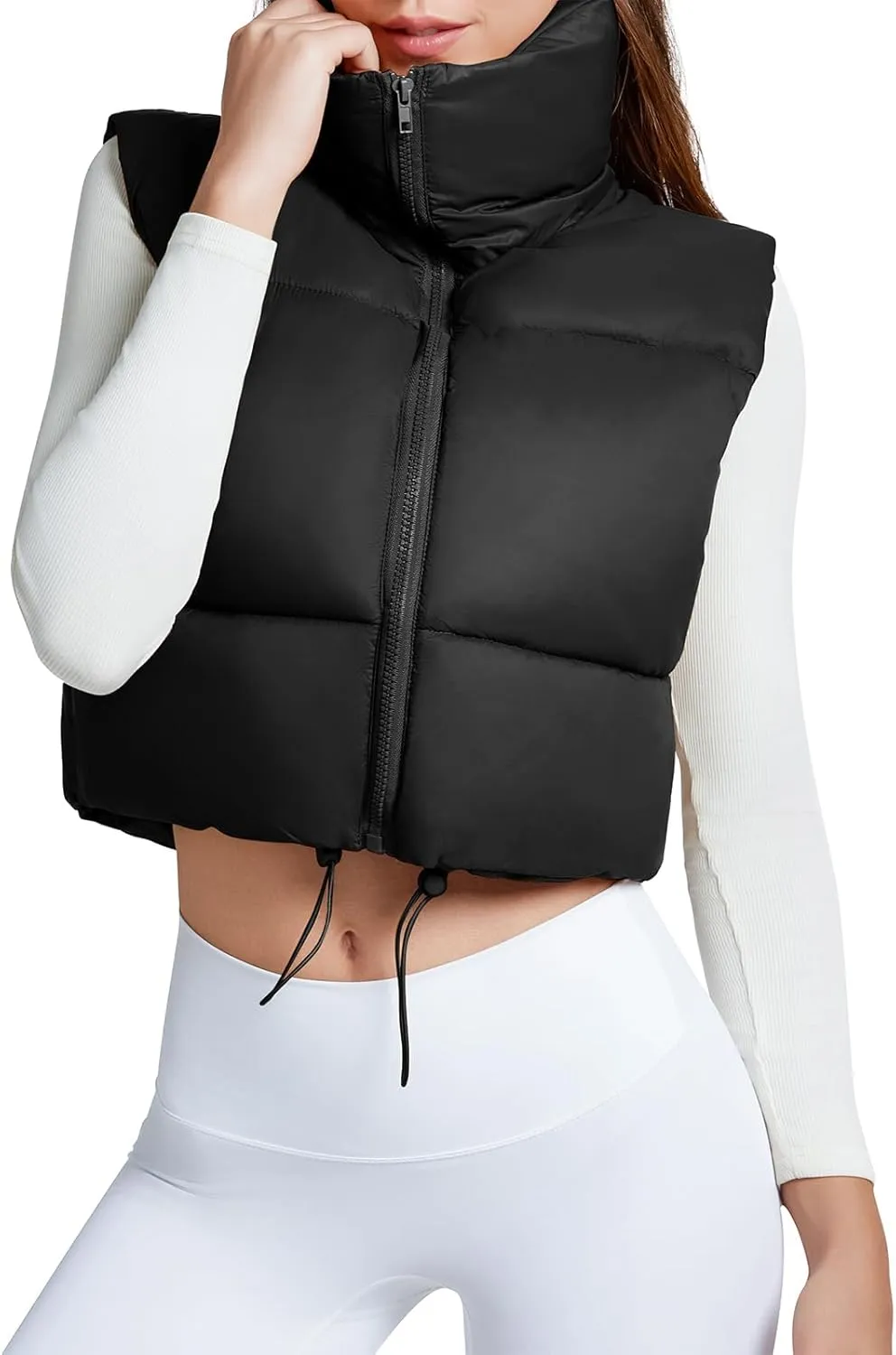 American Trends Womens Cropped Puffer Vests Sleeveless Puffy Vests Zip Up Stand Collar Puffer Vest Outfits