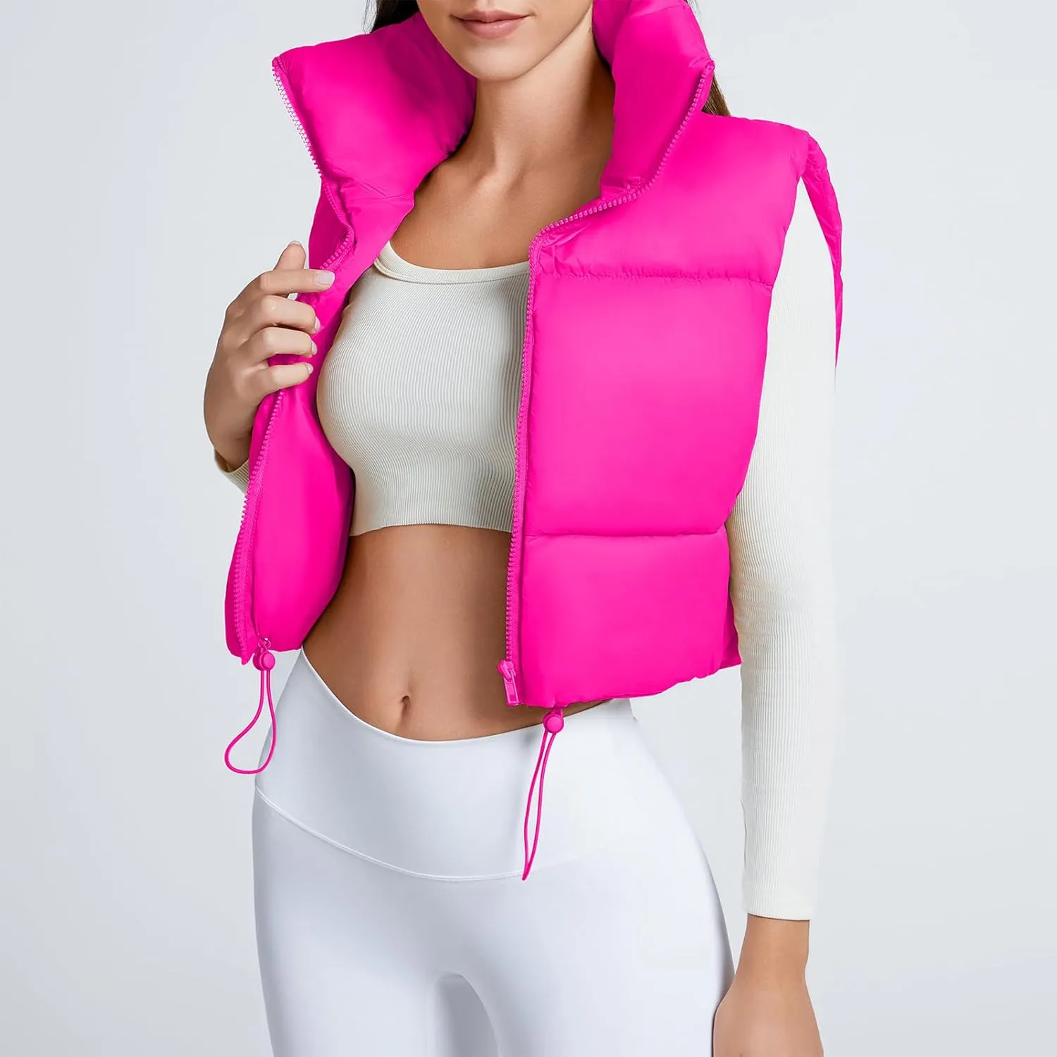 American Trends Womens Cropped Puffer Vests Sleeveless Puffy Vests Zip Up Stand Collar Puffer Vest Outfits