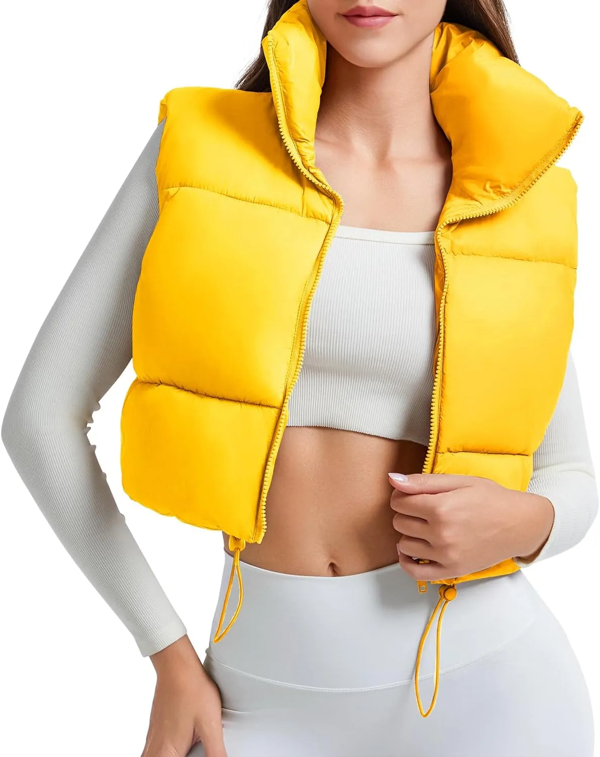 American Trends Womens Cropped Puffer Vests Sleeveless Puffy Vests Zip Up Stand Collar Puffer Vest Outfits