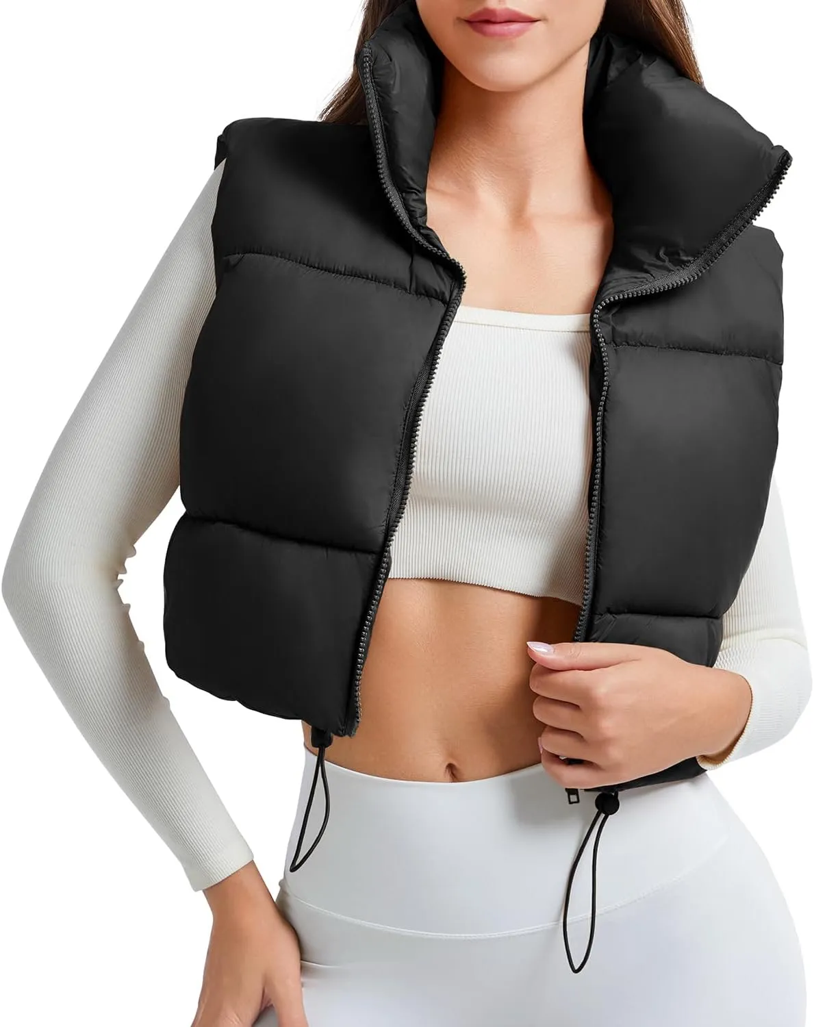 American Trends Womens Cropped Puffer Vests Sleeveless Puffy Vests Zip Up Stand Collar Puffer Vest Outfits