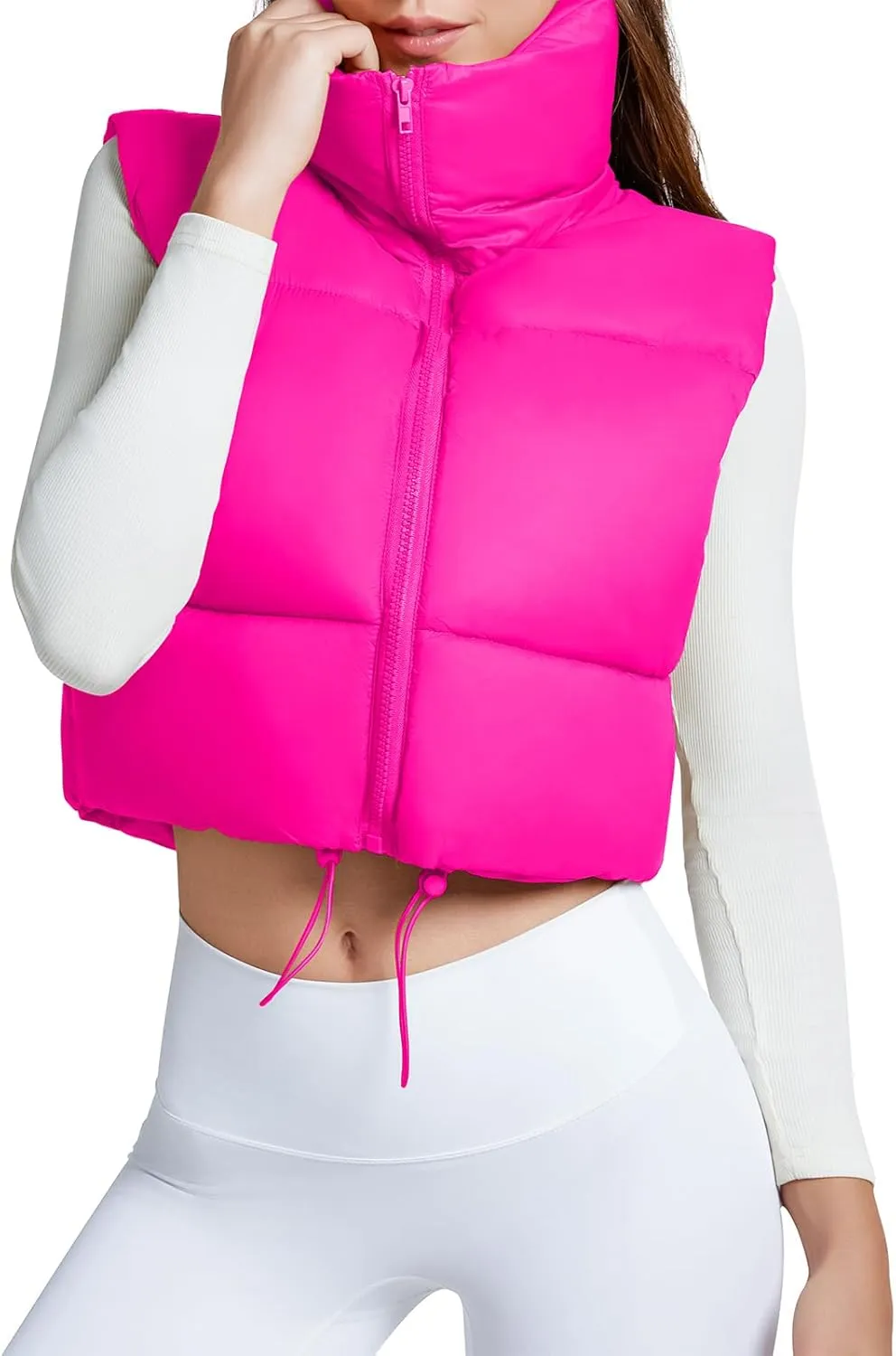 American Trends Womens Cropped Puffer Vests Sleeveless Puffy Vests Zip Up Stand Collar Puffer Vest Outfits
