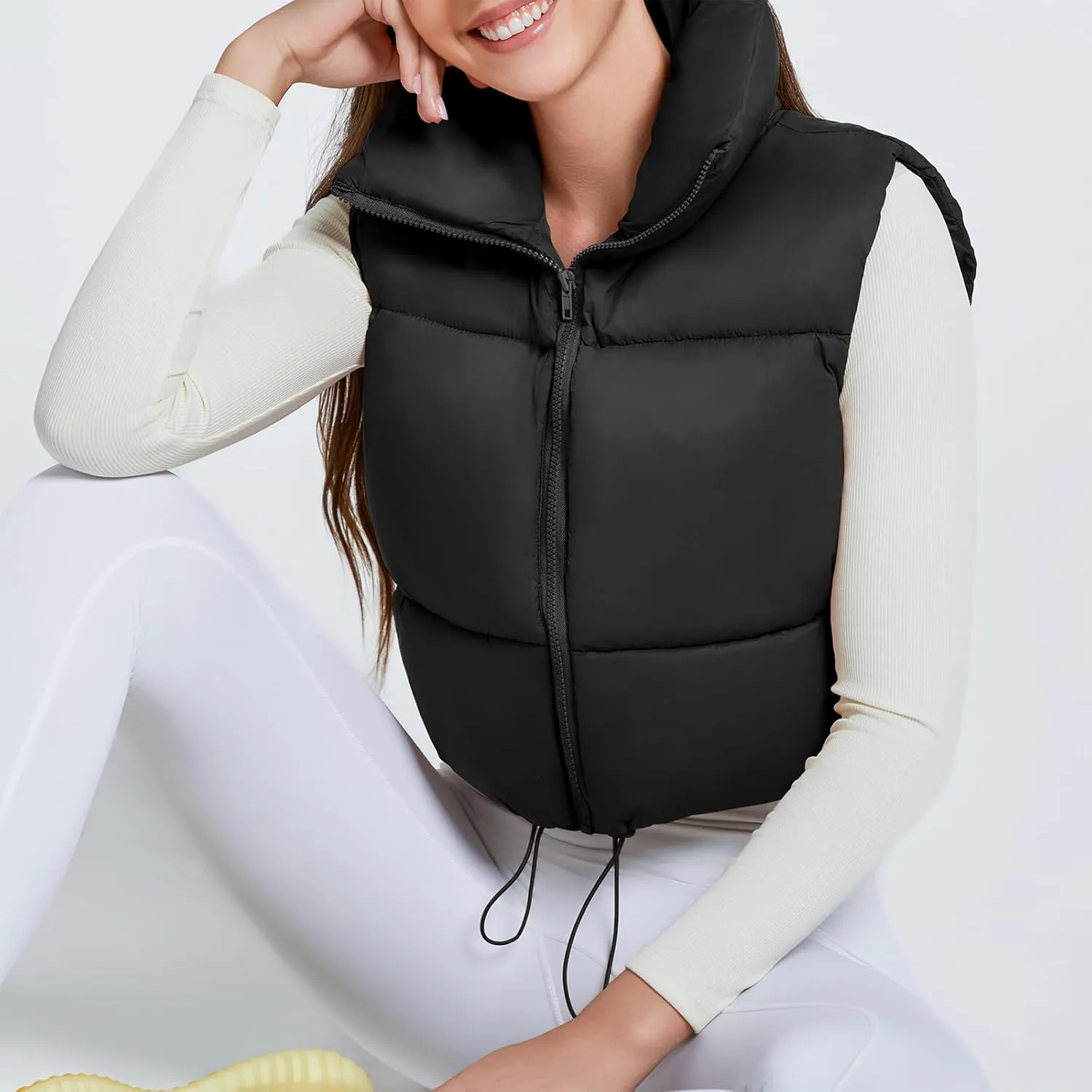 American Trends Womens Cropped Puffer Vests Sleeveless Puffy Vests Zip Up Stand Collar Puffer Vest Outfits