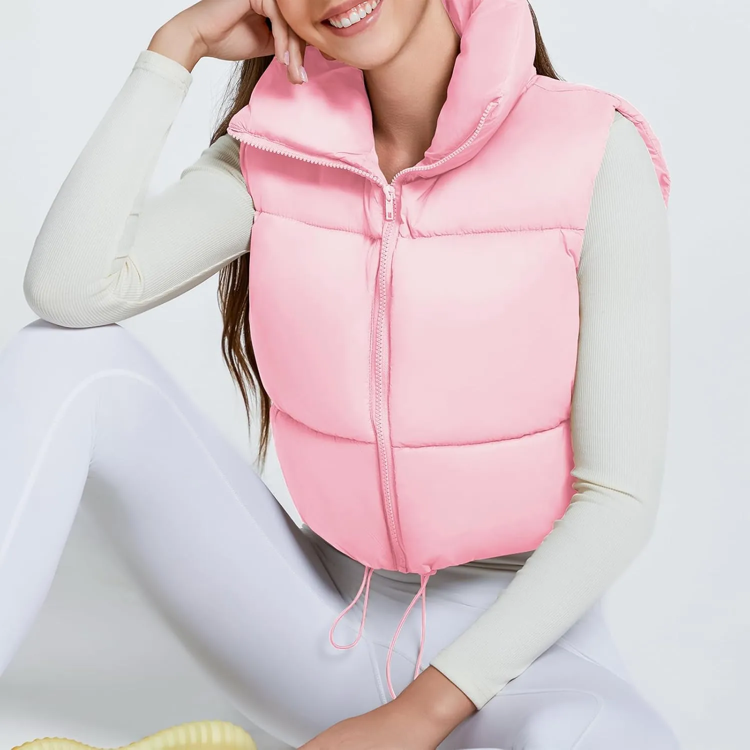 American Trends Womens Cropped Puffer Vests Sleeveless Puffy Vests Zip Up Stand Collar Puffer Vest Outfits