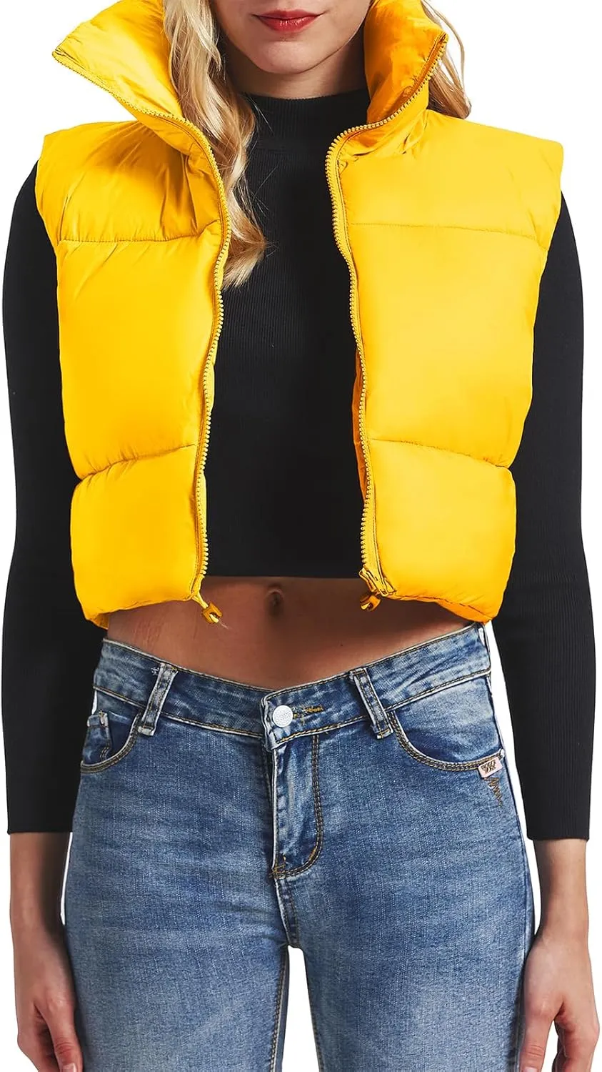 American Trends Womens Cropped Puffer Vests Sleeveless Puffy Vests Zip Up Stand Collar Puffer Vest Outfits