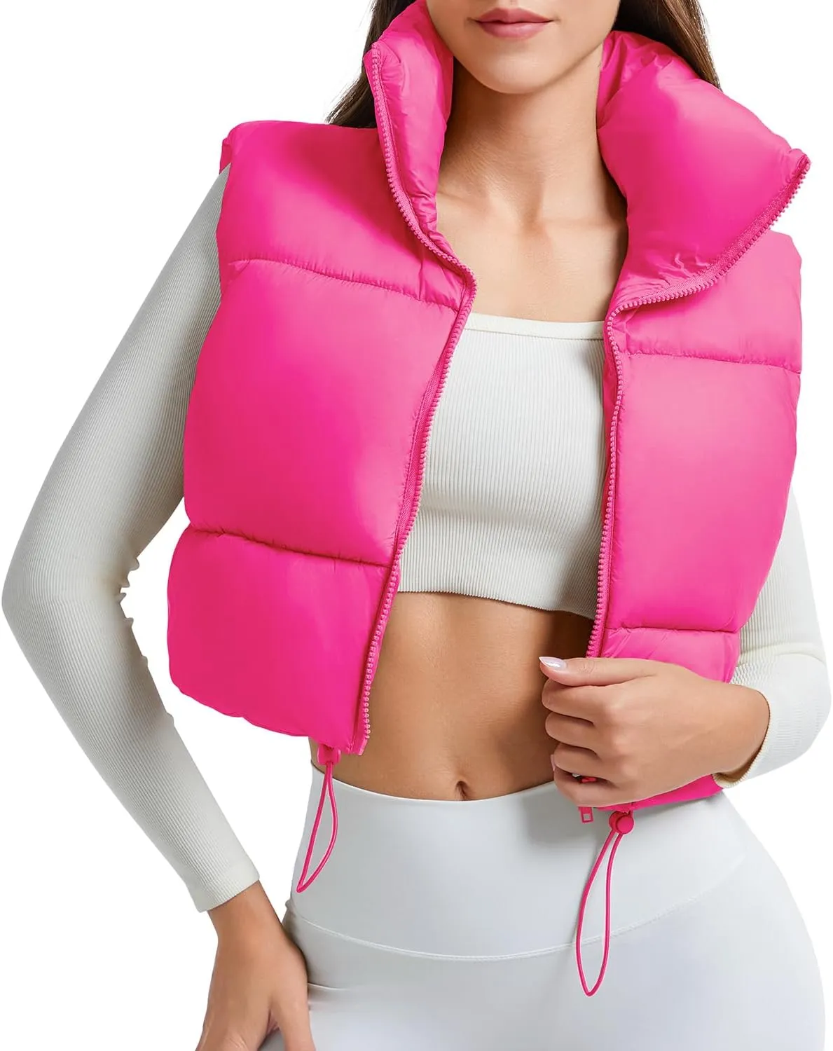 American Trends Womens Cropped Puffer Vests Sleeveless Puffy Vests Zip Up Stand Collar Puffer Vest Outfits