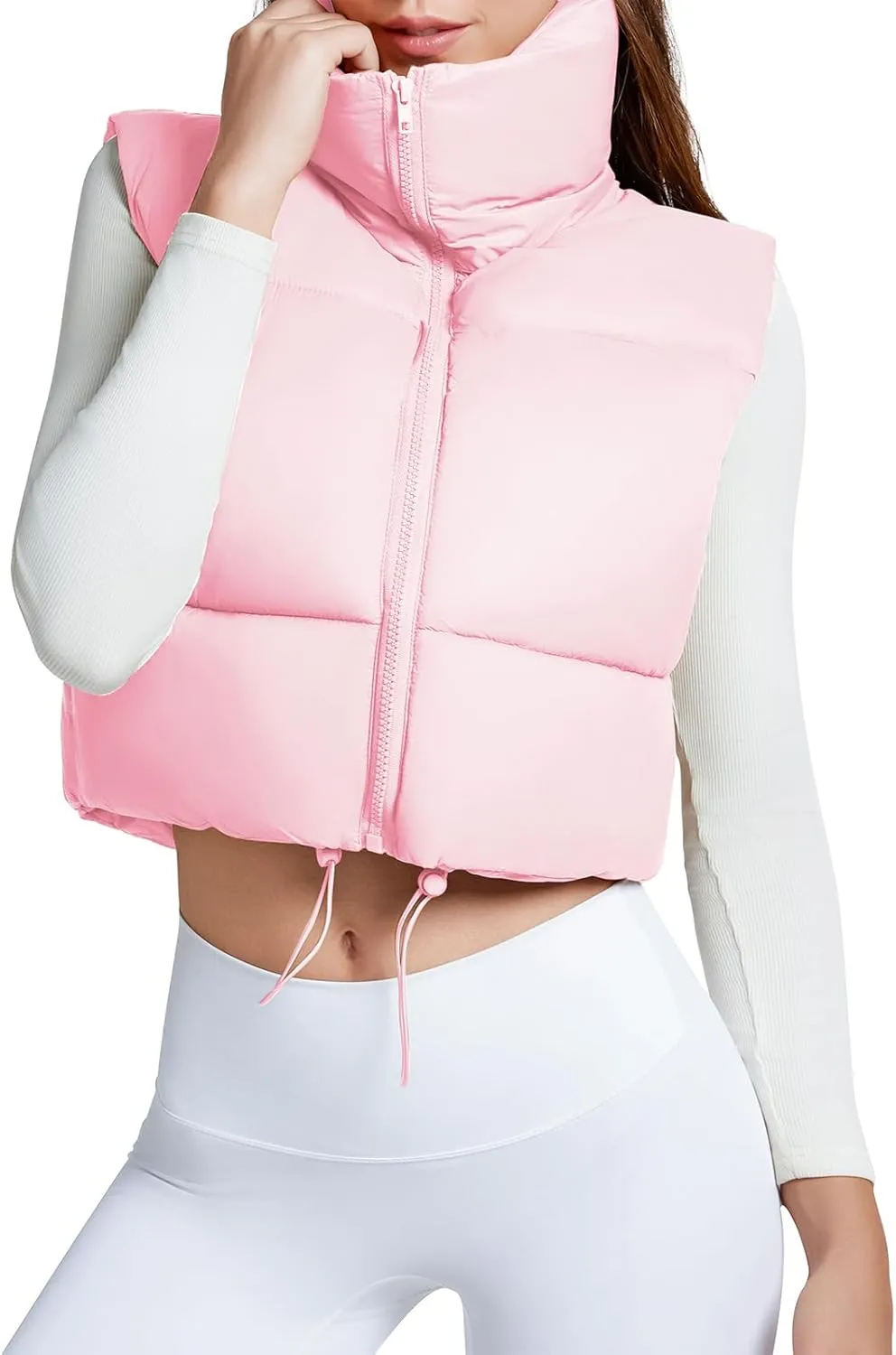 American Trends Womens Cropped Puffer Vests Sleeveless Puffy Vests Zip Up Stand Collar Puffer Vest Outfits