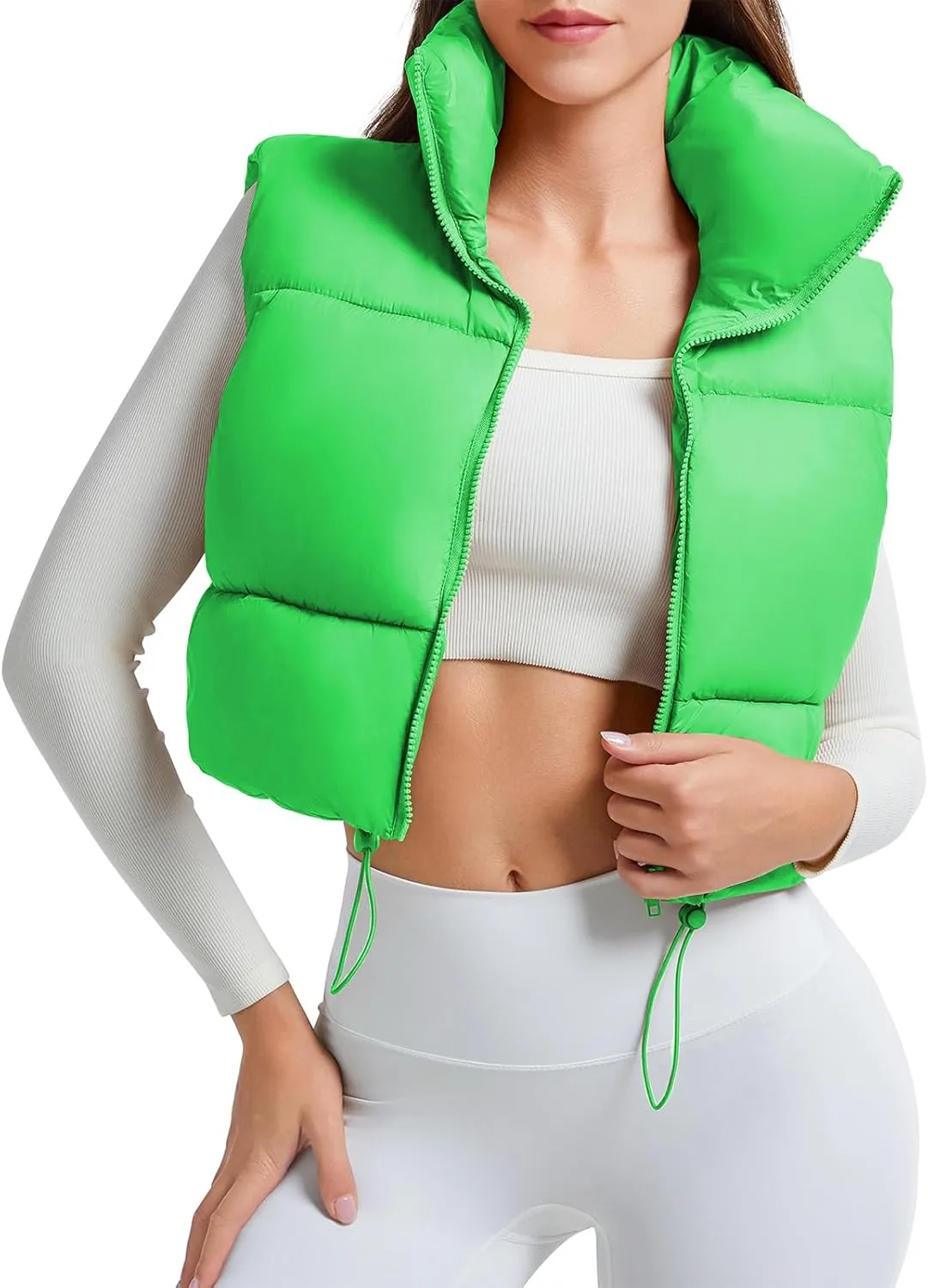 American Trends Womens Cropped Puffer Vests Sleeveless Puffy Vests Zip Up Stand Collar Puffer Vest Outfits