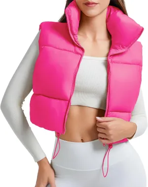 American Trends Womens Cropped Puffer Vests Sleeveless Puffy Vests Zip Up Stand Collar Puffer Vest Outfits