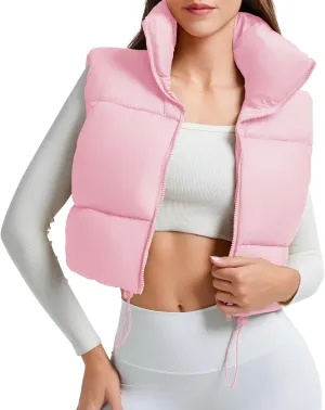 American Trends Womens Cropped Puffer Vests Sleeveless Puffy Vests Zip Up Stand Collar Puffer Vest Outfits