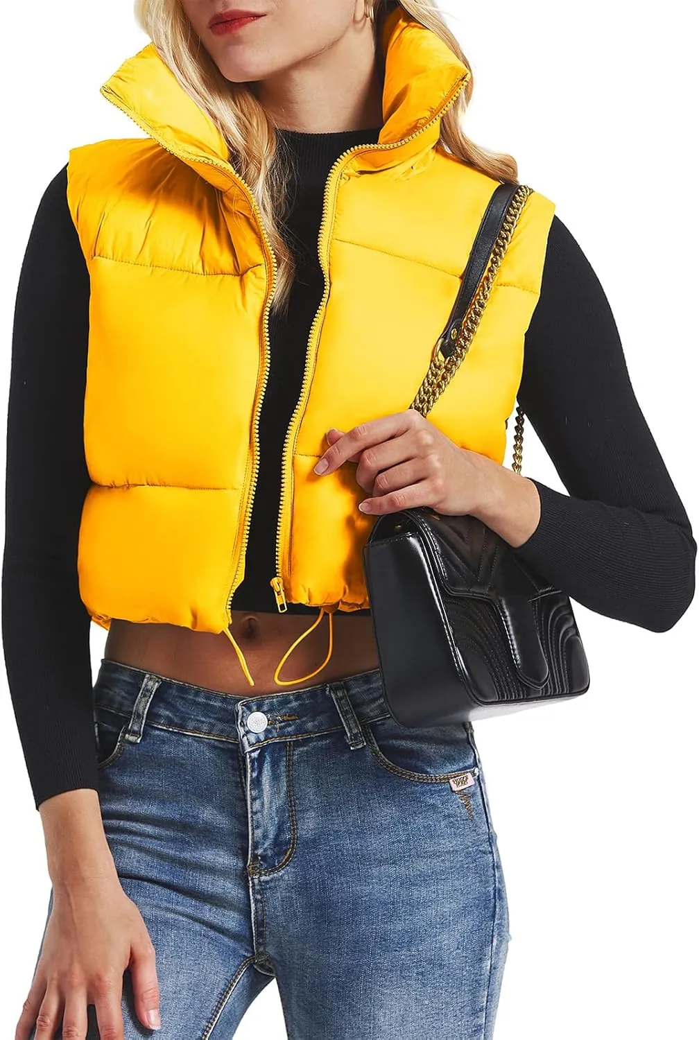 American Trends Womens Cropped Puffer Vests Sleeveless Puffy Vests Zip Up Stand Collar Puffer Vest Outfits