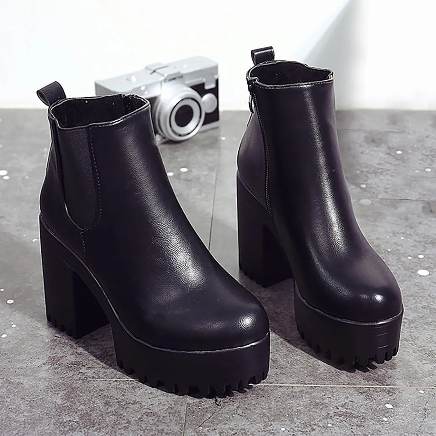 Ankle Boots for Women With Heel Winter Boots for Women Waterproof Fashion Round Head High-Heeled Chunky Short Boots