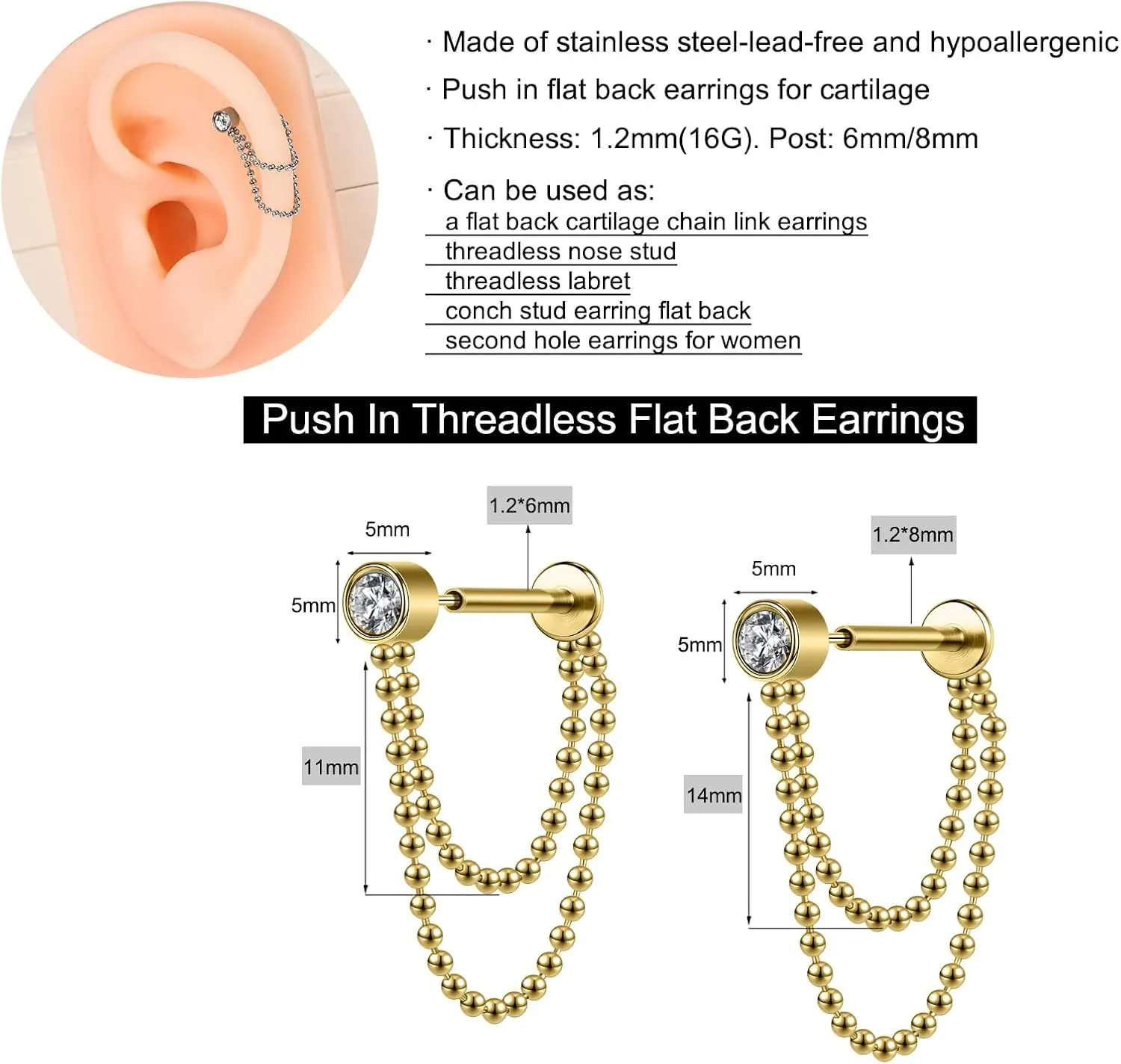AoedeJ 2 Pairs Stud Earrings for Cartilage - Threadless Flat Back Earrings for Women