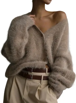 Arssm Womens Furry Cardigan Sweater Long Sleeve Cardigans Button Down V Neck Fluffy Knit Top Fashion 2025 Knitwear