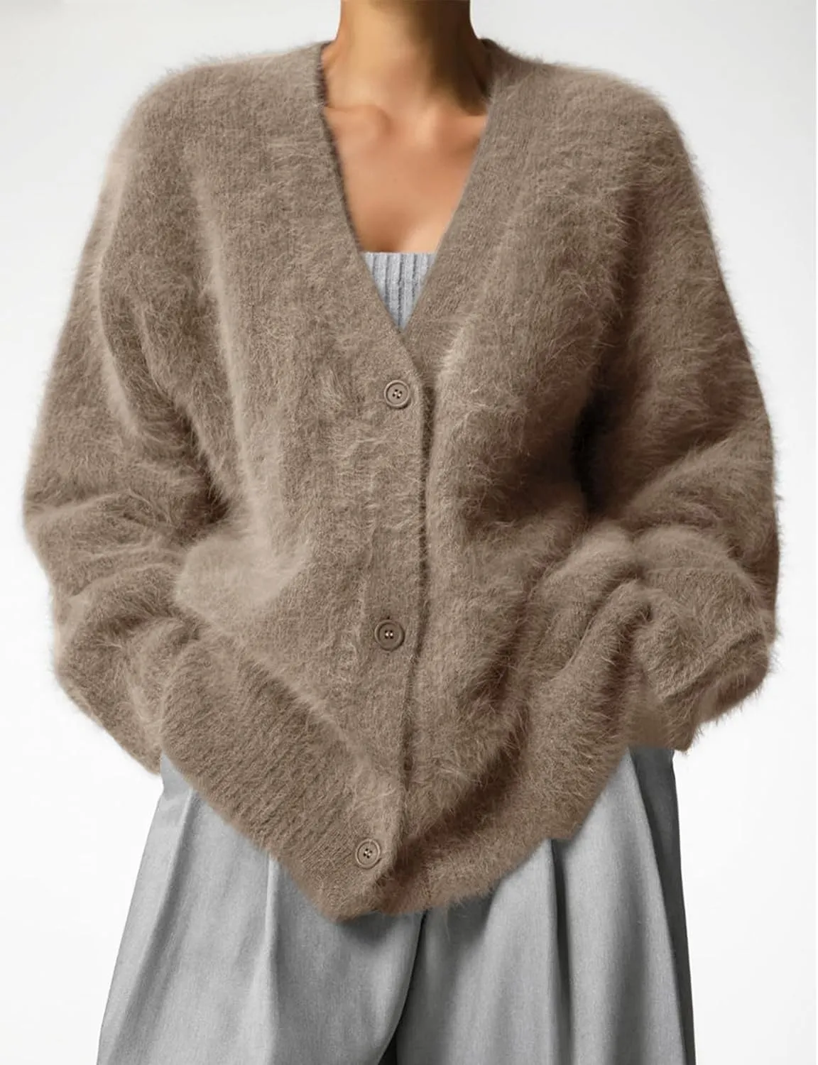 Arssm Womens Furry Cardigan Sweater Long Sleeve Cardigans Button Down V Neck Fluffy Knit Top Fashion 2025 Knitwear
