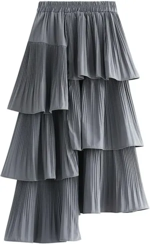 Asymmetrical Ruffle Pleated Skirt for Women High Waist Layered Midi Skirts Flowy Irregular Hemline Skirt