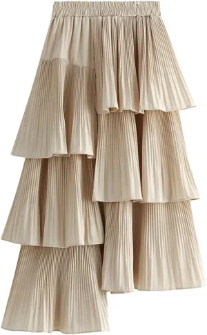 Asymmetrical Ruffle Pleated Skirt for Women High Waist Layered Midi Skirts Flowy Irregular Hemline Skirt
