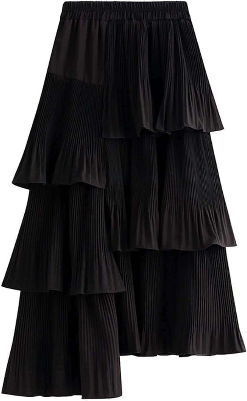Asymmetrical Ruffle Pleated Skirt for Women High Waist Layered Midi Skirts Flowy Irregular Hemline Skirt