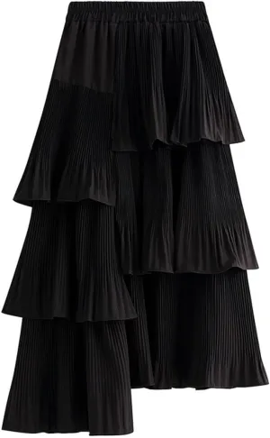 Asymmetrical Ruffle Pleated Skirt for Women High Waist Layered Midi Skirts Flowy Irregular Hemline Skirt