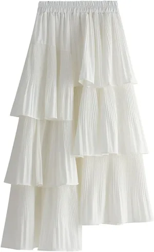 Asymmetrical Ruffle Pleated Skirt for Women High Waist Layered Midi Skirts Flowy Irregular Hemline Skirt