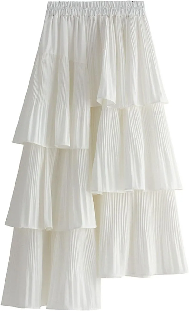 Asymmetrical Ruffle Pleated Skirt for Women High Waist Layered Midi Skirts Flowy Irregular Hemline Skirt