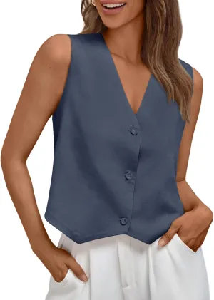 AUTOMET Vest for Women Summer Tops Spring Outfits Linen 2025 Fashion Button Down Sleeveless Business Casual Dressy Clothes