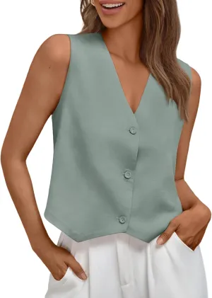 AUTOMET Vest for Women Summer Tops Spring Outfits Linen 2025 Fashion Button Down Sleeveless Business Casual Dressy Clothes