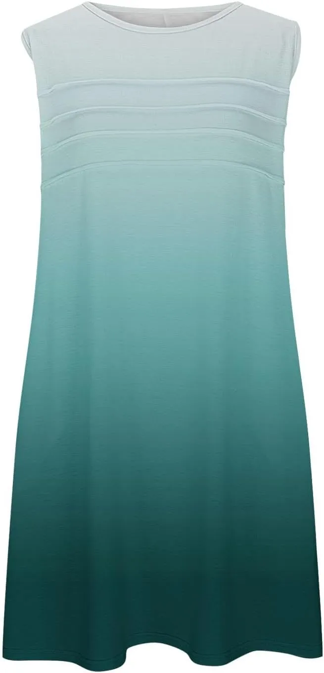 Beach Dress for Women Casual Sleeveless Gradient Color Sundress Loose Fit Round Neck Pleated Vacation Dresses