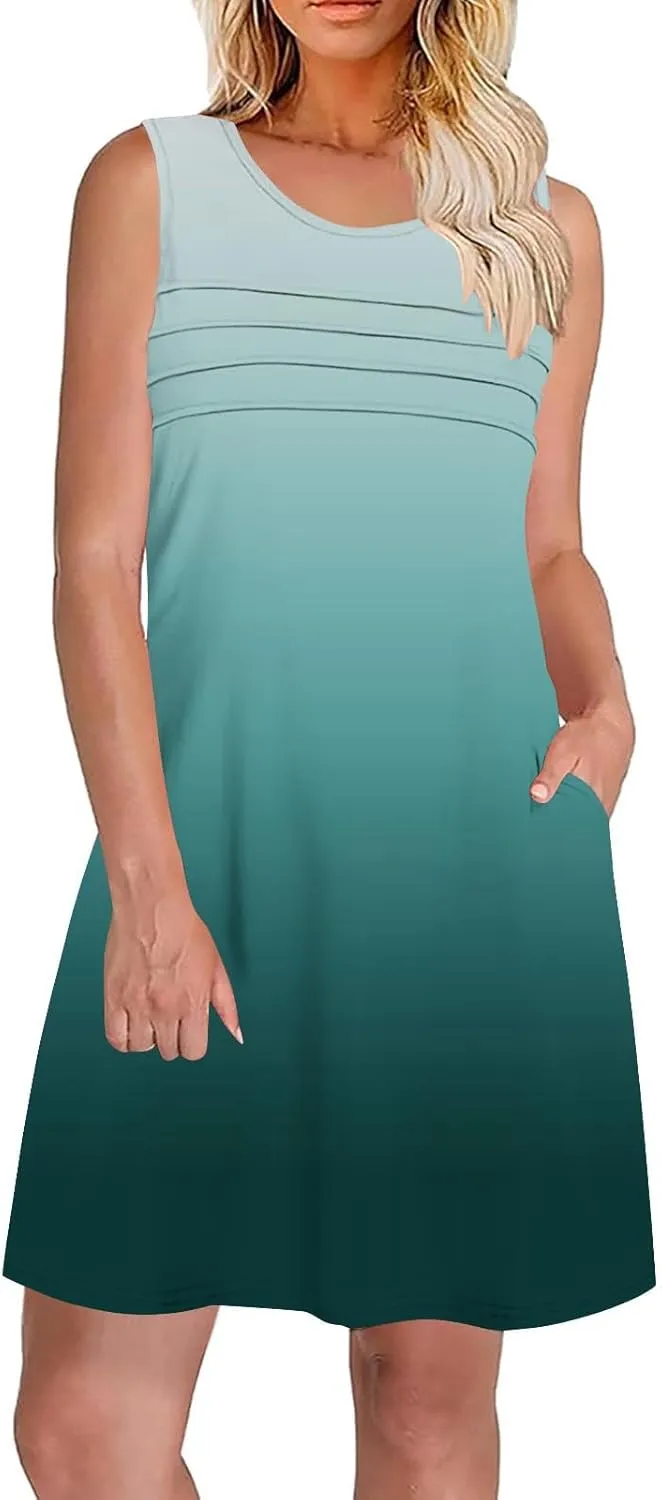 Beach Dress for Women Casual Sleeveless Gradient Color Sundress Loose Fit Round Neck Pleated Vacation Dresses