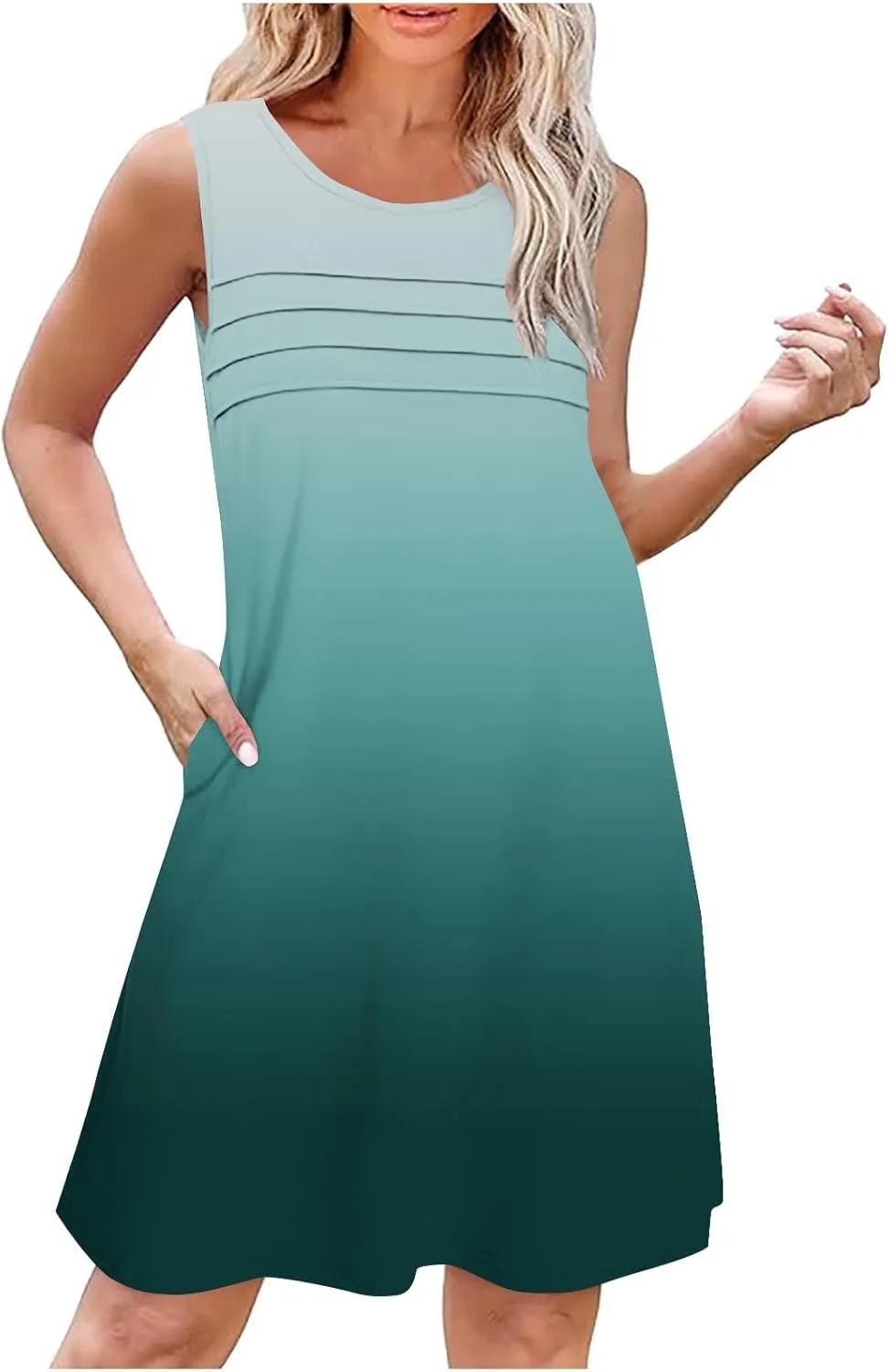 Beach Dress for Women Casual Sleeveless Gradient Color Sundress Loose Fit Round Neck Pleated Vacation Dresses
