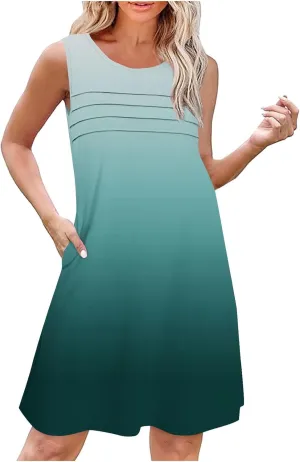 Beach Dress for Women Casual Sleeveless Gradient Color Sundress Loose Fit Round Neck Pleated Vacation Dresses