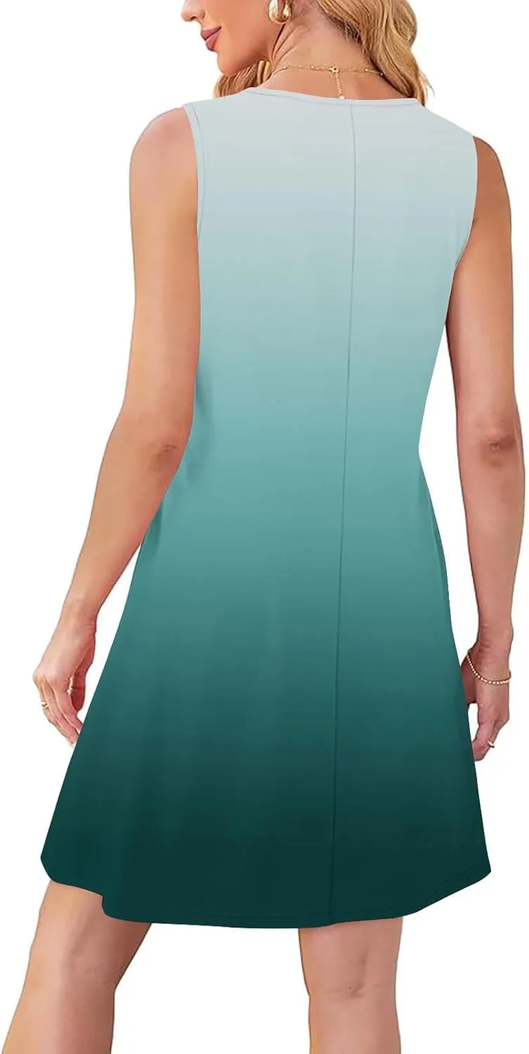 Beach Dress for Women Casual Sleeveless Gradient Color Sundress Loose Fit Round Neck Pleated Vacation Dresses
