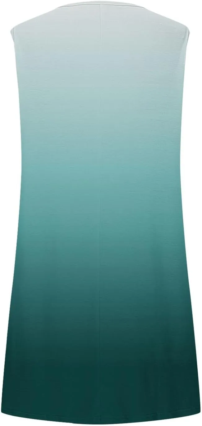 Beach Dress for Women Casual Sleeveless Gradient Color Sundress Loose Fit Round Neck Pleated Vacation Dresses