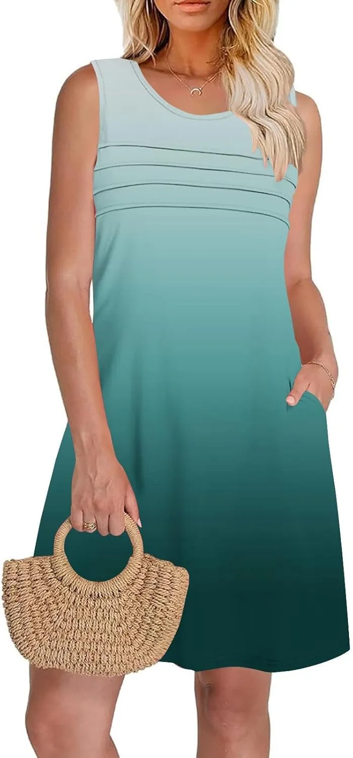 Beach Dress for Women Casual Sleeveless Gradient Color Sundress Loose Fit Round Neck Pleated Vacation Dresses