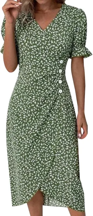 Beach Dresses for Women,2025 Summer Trendy Elegant Wrap V Neck Floral Boho Dress,Flowy Ruched Hawaiian Maxi Dress