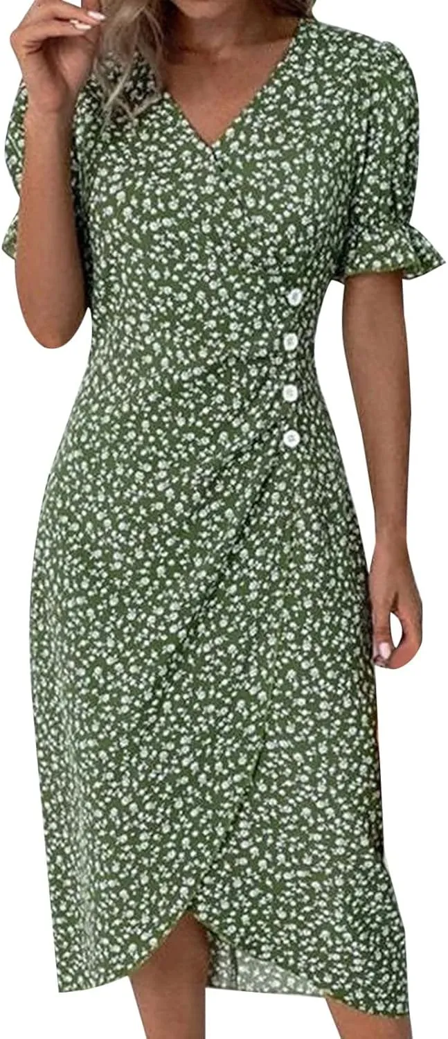 Beach Dresses for Women,2025 Summer Trendy Elegant Wrap V Neck Floral Boho Dress,Flowy Ruched Hawaiian Maxi Dress