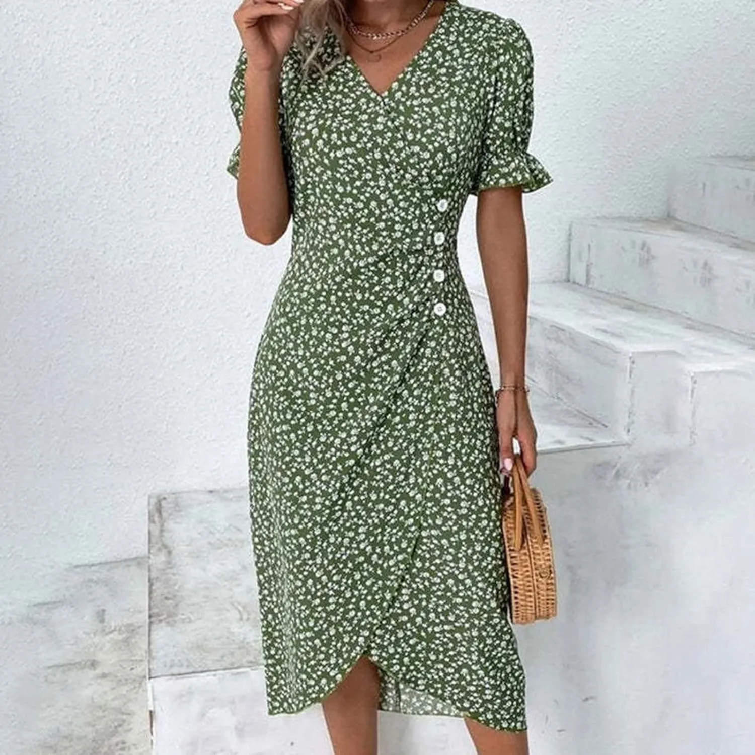 Beach Dresses for Women,2025 Summer Trendy Elegant Wrap V Neck Floral Boho Dress,Flowy Ruched Hawaiian Maxi Dress