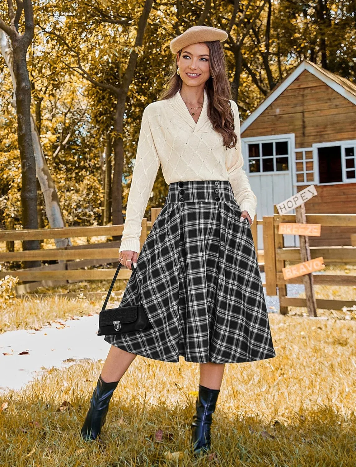 Belle Poque Vintage Plaid Skirt for Women High Waisted Midi A-line Skirts Pleated Skirt with Pockets